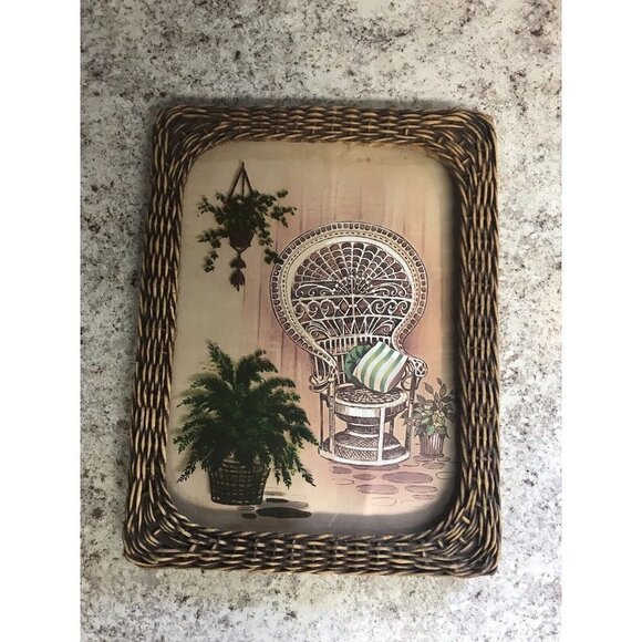 Vtg Wicker Framed Reverse Painted Artwork Peacock Chair Bohemian Rattan 10x13” - Picture 1 of 11
